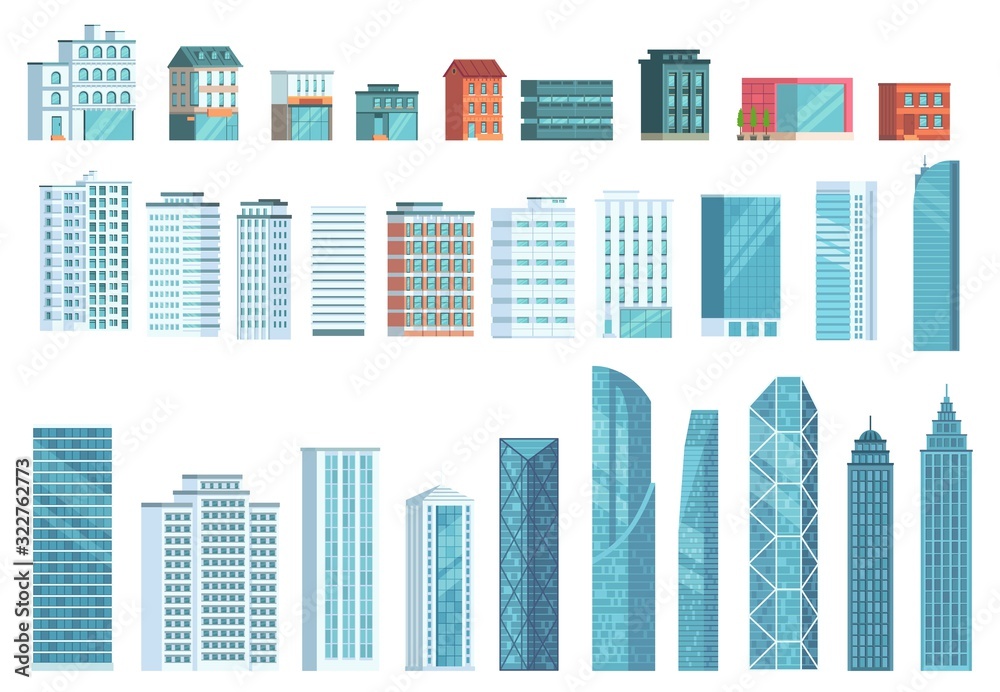 Modern city buildings. City skyscraper building, town houses, business office skyscrapers vector illustration set. Bundle of urban facades, exteriors. Megalopolis downtown architecture, real estate.
