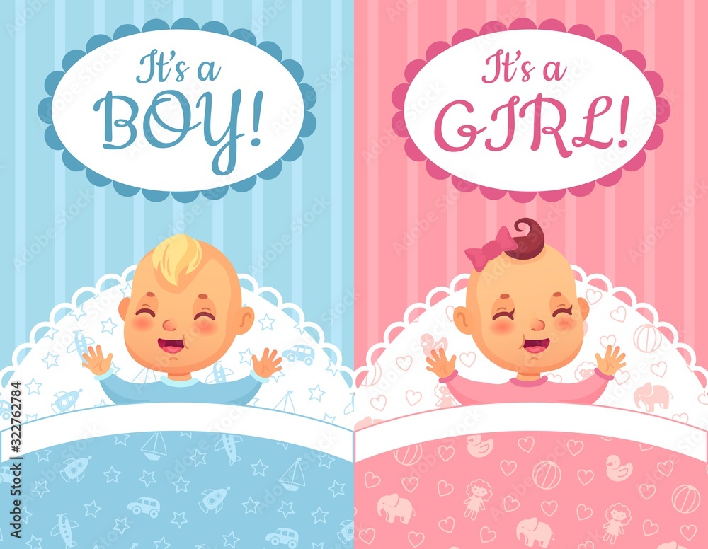 Baby shower cards. Its a Boy and Girl label, cute baby cartoon vector illustration set. Postcard or party invitation templates in blue and pink colors with adorable happy newborn children or infants.
