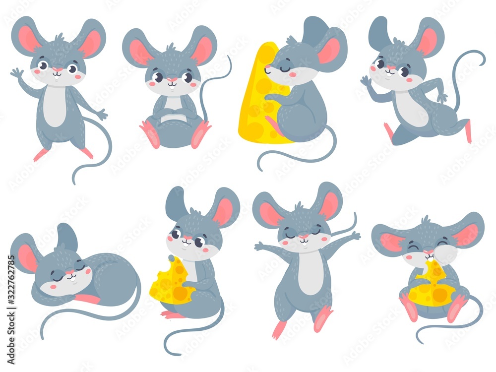 Cartoon mouse. Little cute mouses, funny small rodent pet and mice with  cheese vector set. Collection of adorable friendly rats running, eating,  sleeping. Bundle of happy domestic animals or pests. Stock Vector |