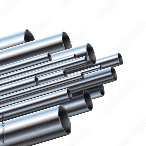 Industrial different diameter metal pipes. Aluminum or steel pipe, glossy metallic pipes vector illustration. Shiny silver tubes for plumbing. Modern decorative design element for banner, poster.