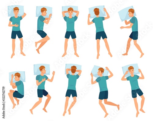 Man sleeps in different poses. Male character sleep, mans sleeping in bed top view vector illustration set. Collection of boy lying in various positions or postures during night rest or slumber.