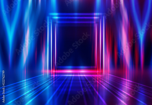 Dark abstract futuristic background. Geometric laser figure in the center of the stage. Neon blue-pink rays of light on a dark background