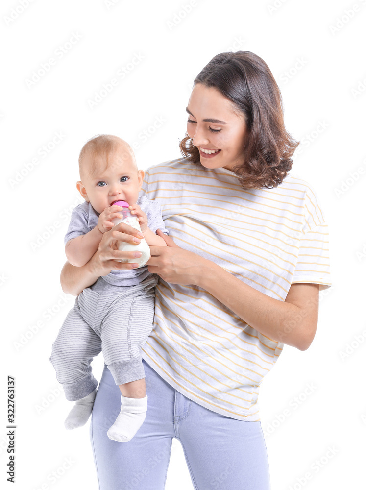 Mother feeding baby with milk from bottle on white background Mother feeding baby with milk from bottle on white background