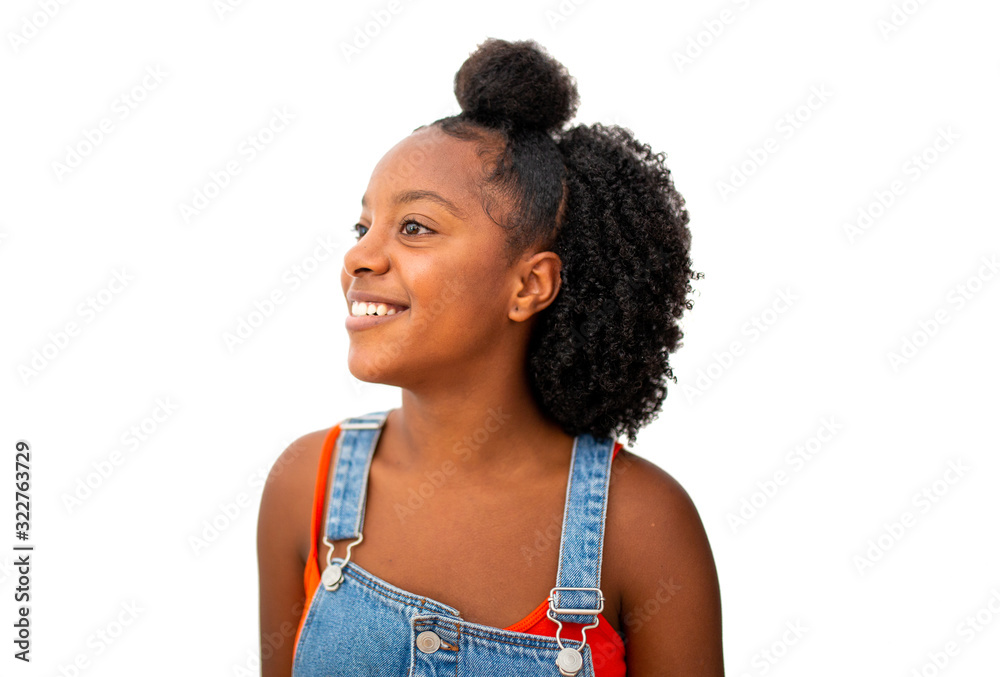 Close up side happy young african american woman looking away isolated white background