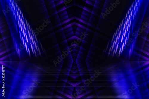 Abstract dark background with blue and pink neon glow. Neon lines of light. Background empty scene.