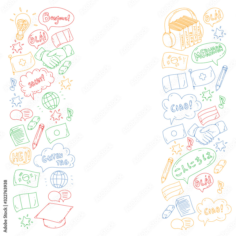 Vector icons. Language learning. Audio course. Spanish, english, italian, french, german, arabic, chinese. Vector icons. Language learning. Audio course. Spanish, english, italian, french, german, arabic, chinese.