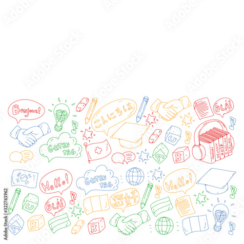 Vector icons. Language learning. Audio course. Spanish, english, italian, french, german, arabic, chinese.