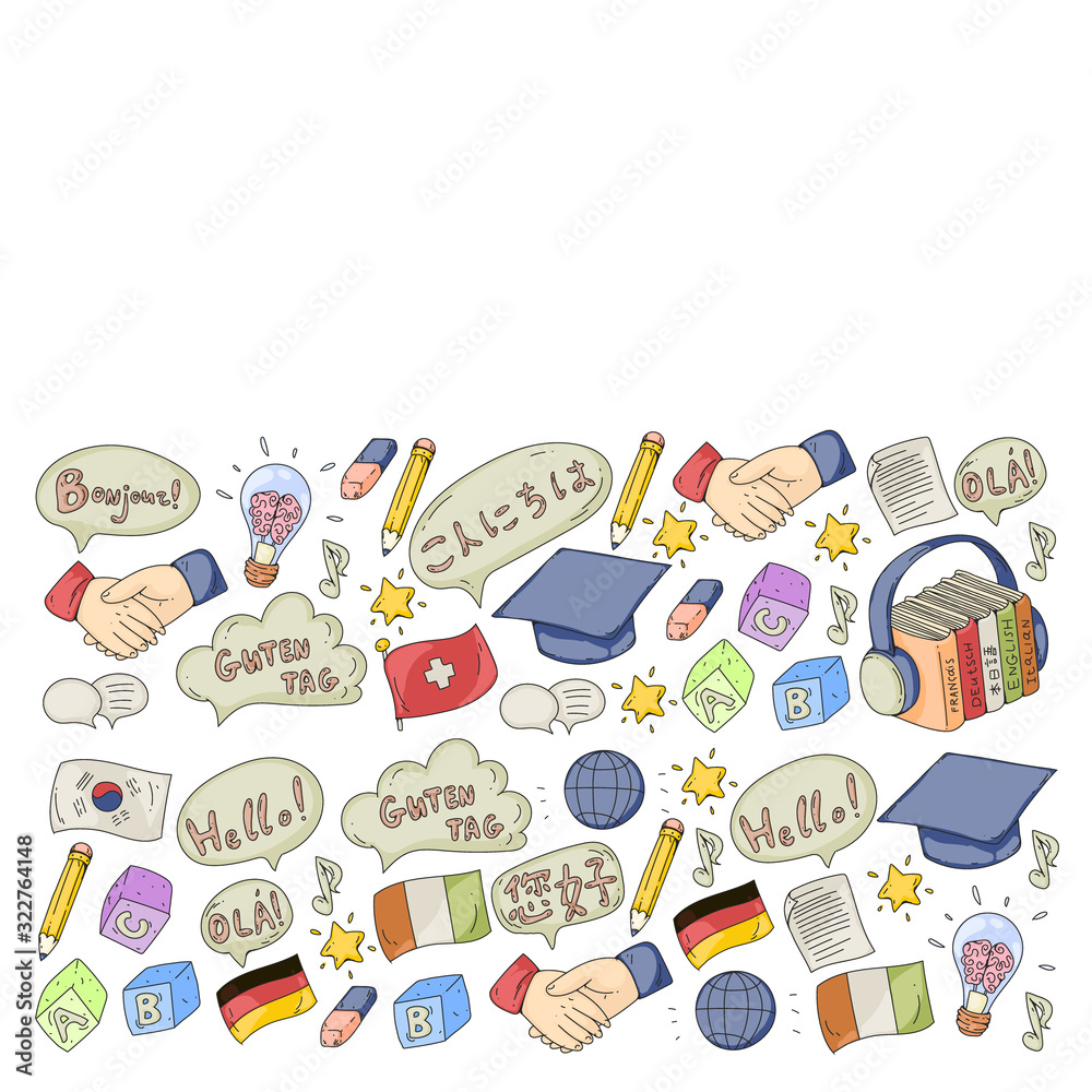 Vector icons. Language learning. Audio course. Spanish, english, italian, french, german, arabic, chinese. Vector icons. Language learning. Audio course. Spanish, english, italian, french, german, arabic, chinese.
