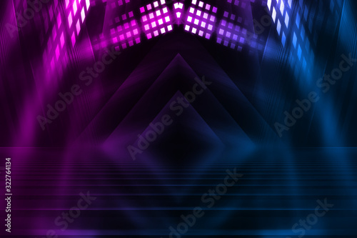 Abstract dark background with blue and pink neon glow. Neon lines of light. Background empty scene.