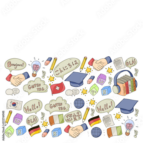 Vector icons. Language learning. Audio course. Spanish, english, italian, french, german, arabic, chinese.