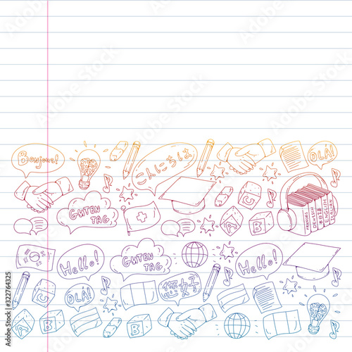 Vector icons. Language learning. Audio course. Spanish, english, italian, french, german, arabic, chinese.