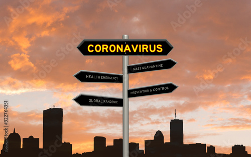 Coronavirus street sign on a signpost against a city silhouette and fiery red sky background     