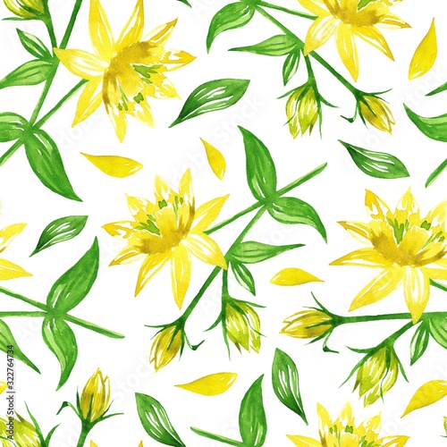SEAMLESS BACKGROUND WITH YELLOW FLOWERS AND GREEN LEAVES