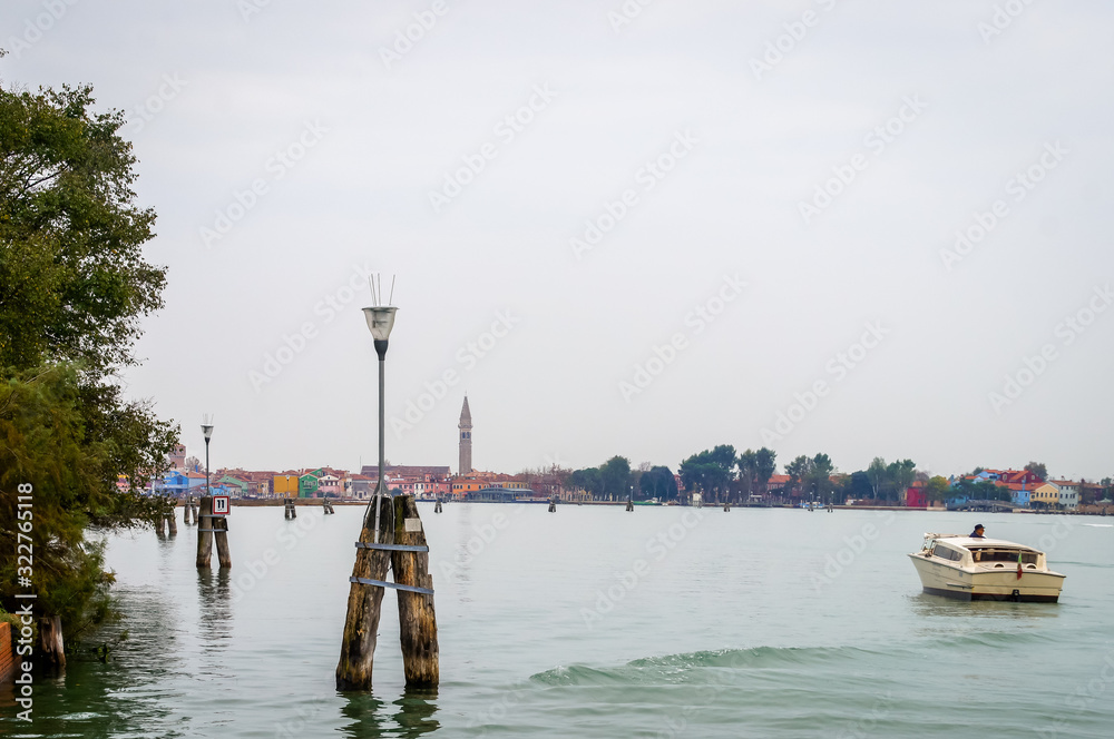 Signal in the grand channel in Venice with boat. Italy, Europe