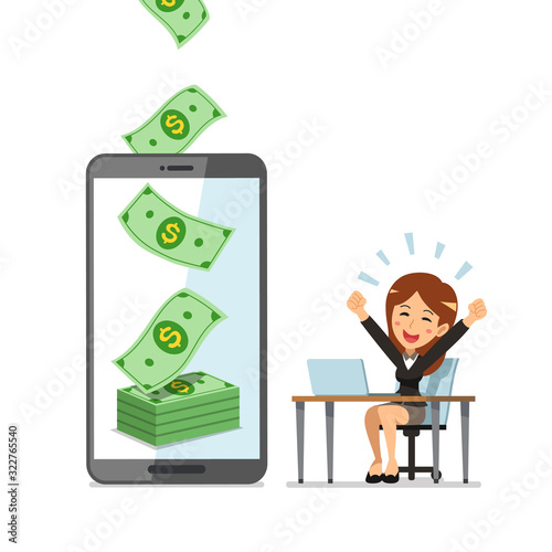 Business concept cartoon smartphone help businesswoman to earn money for design.