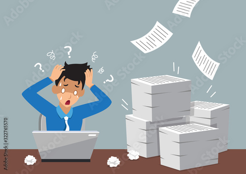 Cartoon businessman with a lot of paperwork for design.
