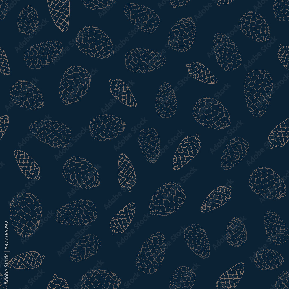Vector Brown Pinecones Outlines on Blue Background Seamless Repeat Pattern. Background for textile, book covers, manufacturing, wallpapers, print, gift wrap and scrapbooking. Vector Brown Pinecones Outlines on Blue Background Seamless Repeat Pattern. Background for textile, book covers, manufacturing, wallpapers, print, gift wrap and scrapbooking.