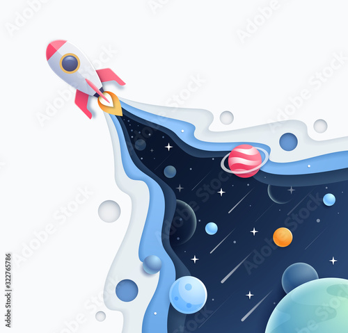 Blue space galaxy with cartoon rocket leaving white trail paper cut style vector illustration.