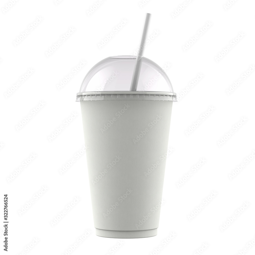 White Paper Fast Food Soda, Slush, Shake or Cola Disposable Cup with Bubble Convex Lid and Drinking Straw. 3D Render Isolated on White Background. White Paper Fast Food Soda, Slush, Shake or Cola Disposable Cup with Bubble Convex Lid and Drinking Straw. 3D Render Isolated on White Background.