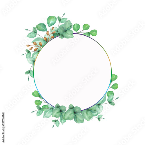 Simple decorative wreath. Hand drawn watercolor eucalyptus leaves 