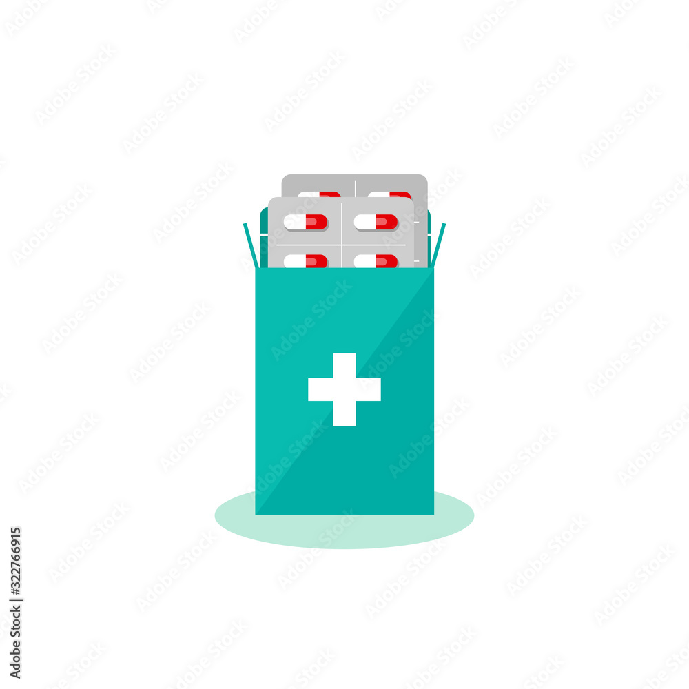 Obraz premium A box of pills.Medications, medications, vitamins, aspirin, painkillers.Vitamins and dietary supplements.Treat disease.Flat vector illustration on a white background