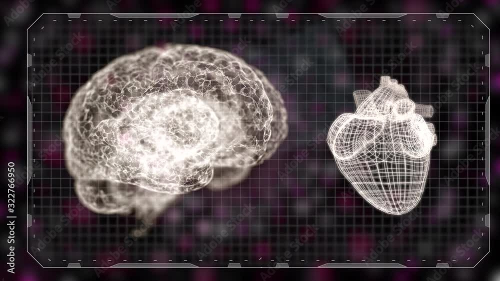 Balance between brain and heart. Animation of heart and brain in gridded frame over blurred dark background.