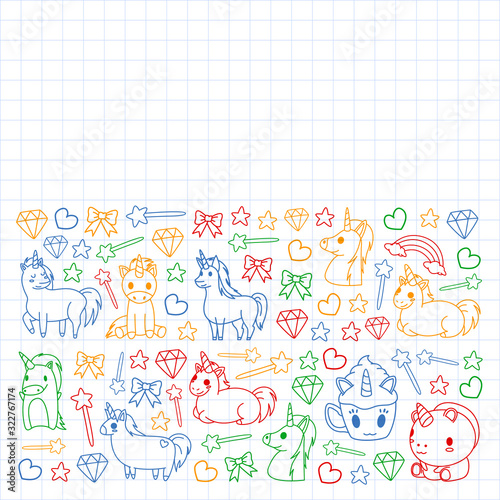 Children pattern with fairy tale unicors for kids clothes, posters, banners, shirts. Vector image with cartoon character.