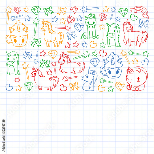 Children pattern with fairy tale unicors for kids clothes, posters, banners, shirts. Vector image with cartoon character.