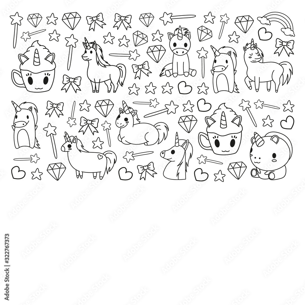 Children pattern with fairy tale unicors for kids clothes, posters, banners, shirts. Vector image with cartoon character. Children pattern with fairy tale unicors for kids clothes, posters, banners, shirts. Vector image with cartoon character.
