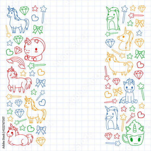 Children pattern with fairy tale unicors for kids clothes, posters, banners, shirts. Vector image with cartoon character.