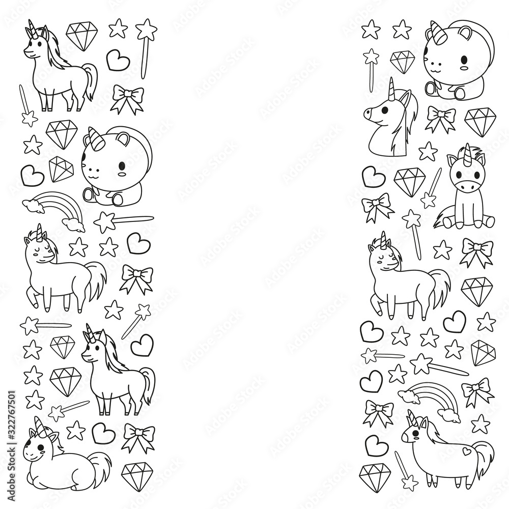 Children pattern with fairy tale unicors for kids clothes, posters, banners, shirts. Vector image with cartoon character.