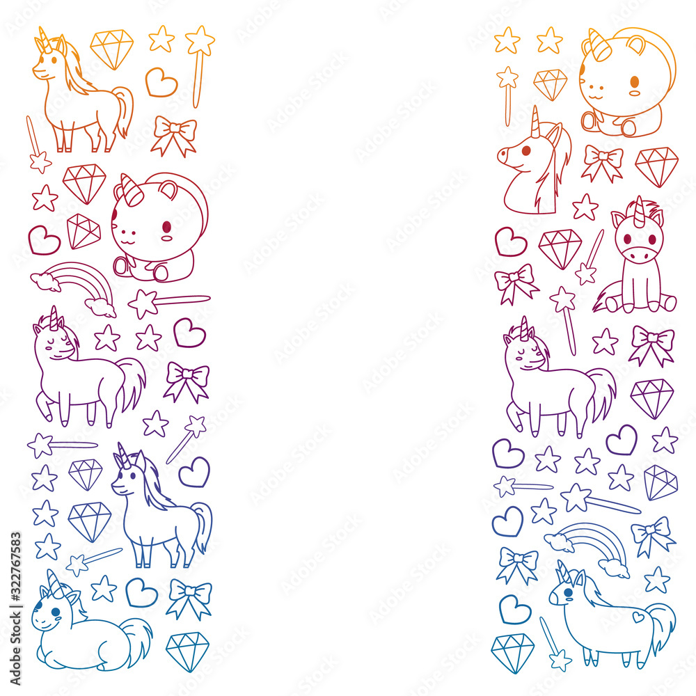 Children pattern with fairy tale unicors for kids clothes, posters, banners, shirts. Vector image with cartoon character.