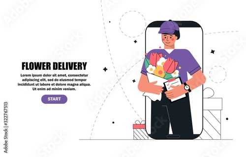 Delivery man, the courier in smartphone screen holding order flowers bouquet for the client. Business concept of ordering flowers and gifts on the website or in application online.