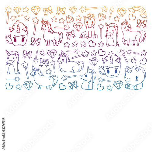 Fototapeta Naklejka Na Ścianę i Meble -  Children pattern with fairy tale unicors for kids clothes, posters, banners, shirts. Vector image with cartoon character.