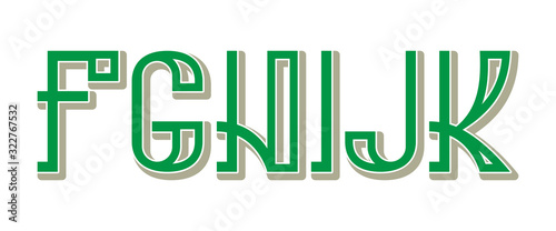 F, G, H, I, J, K green gray letters. Urban artistic font.