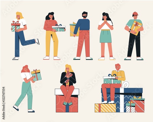 Group people holding gift box and congratulate with holidays. Vector flat style website template, web page and landing page design for website and mobile site development.
