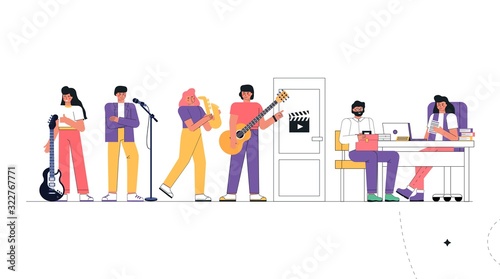 Fototapeta Naklejka Na Ścianę i Meble -  Casting a music group or creative people for a job. People, a man and a woman stand with a microphone, a guitar, a saxophone to win a competition for a vacant place.