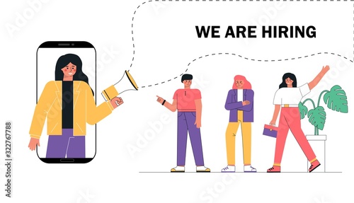 Vector flat modern illustration, woman shouting on megaphone or loudspeaker and recruiting new employees people to work. A group candidate is waiting in line for a job.