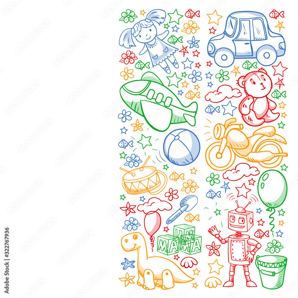 Vector pattern with toys for little kindergarten children. Dinosaur, teddy bear, rocket, ship, airplane, balloon, car, motorcycle, truck.