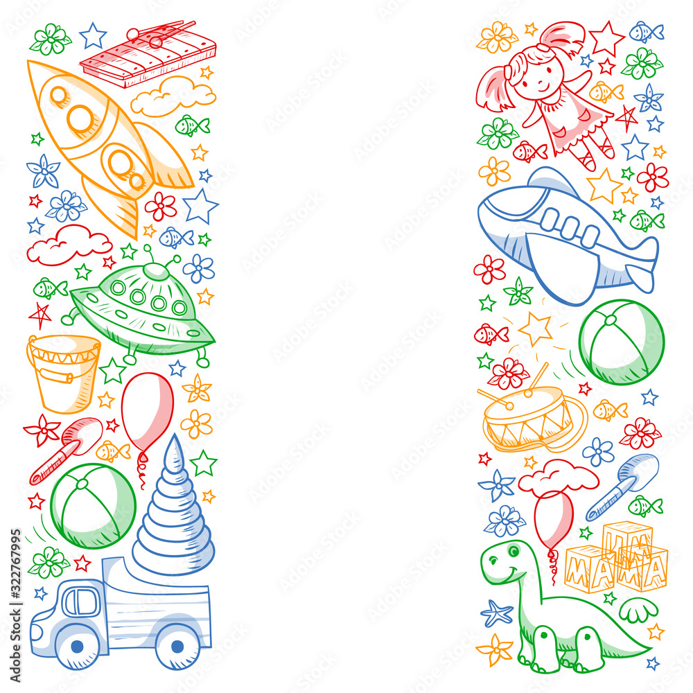 Vector pattern with toys for little kindergarten children. Dinosaur, teddy bear, rocket, ship, airplane, balloon, car, motorcycle, truck. Vector pattern with toys for little kindergarten children. Dinosaur, teddy bear, rocket, ship, airplane, balloon, car, motorcycle, truck.