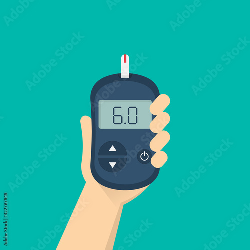 Glucose testing.Glucometer in human hand.