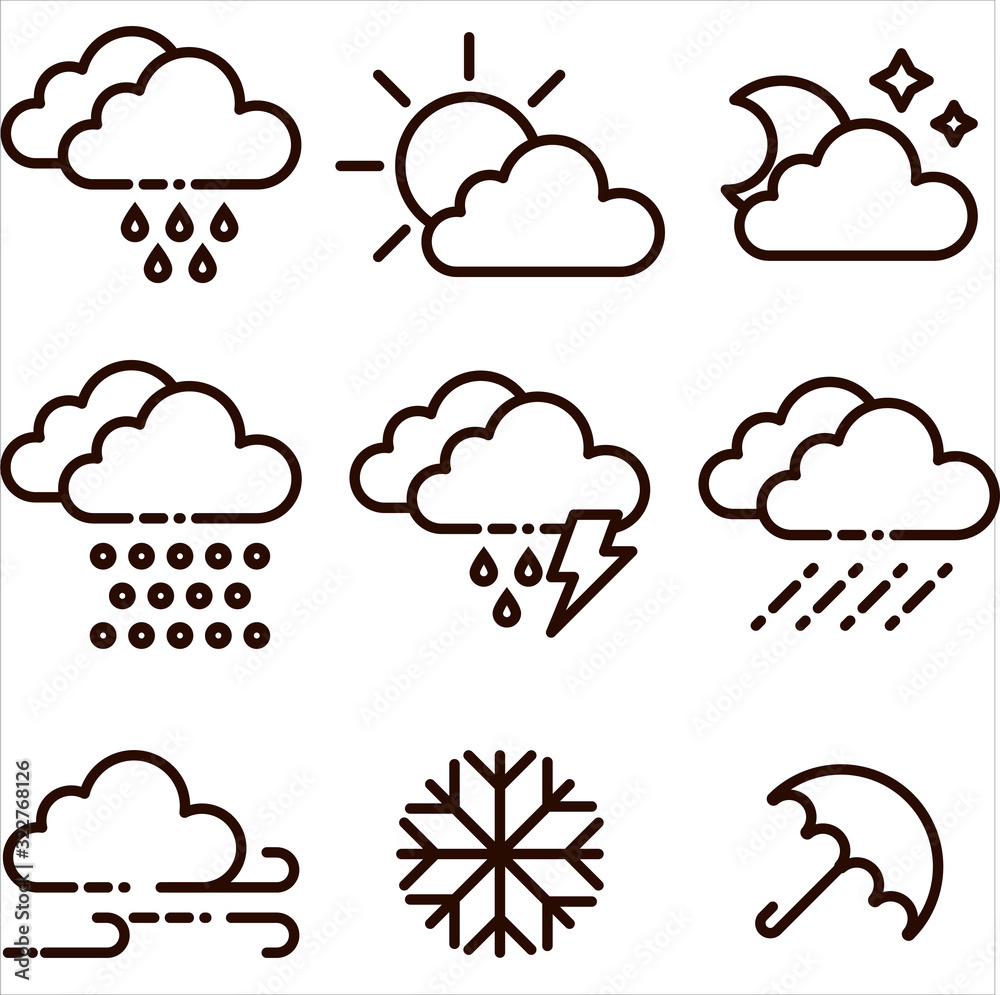 Set of weather icons. Meteorology icons flat style. Outline. Set of weather icons. Meteorology icons flat style. Outline.