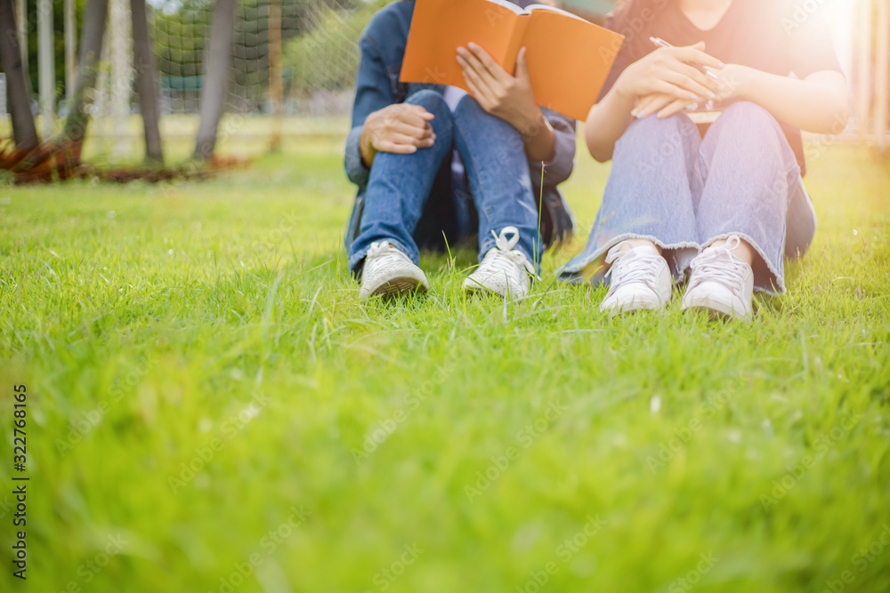 Fototapeta premium University students laying on the grass and read a book together.