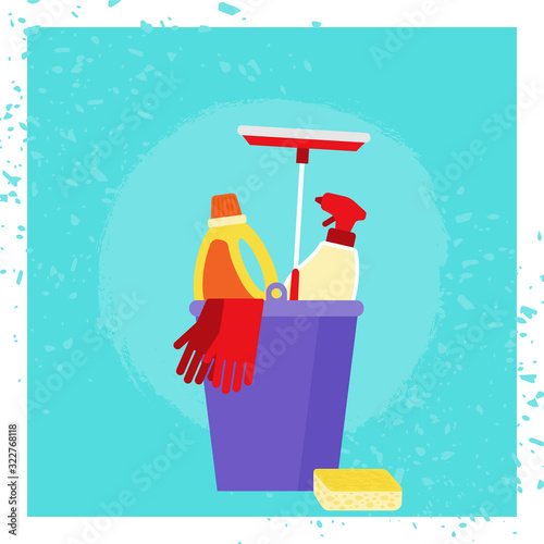 Colorful illustration with bucket and different household chemicals on light background. Modern flat colorful template on light backdrop. Household cleaning products. Cleaning service vector.