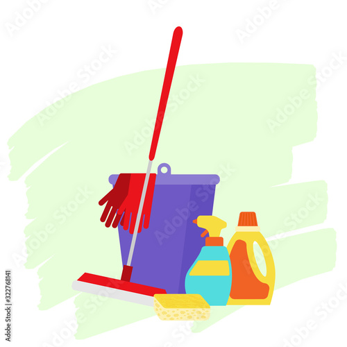 Colorful illustration with bucket and different household chemicals on light background. Modern flat colorful template on light backdrop. Household cleaning products. Cleaning service vector.