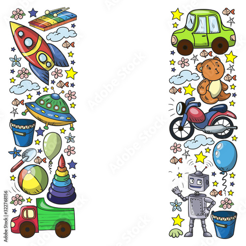 Vector pattern with toys for little kindergarten children. Dinosaur  teddy bear  rocket  ship  airplane  balloon  car  motorcycle  truck.