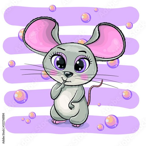 Cute Cartoon Mouse mysteriously smiles while looking at us on a striped background