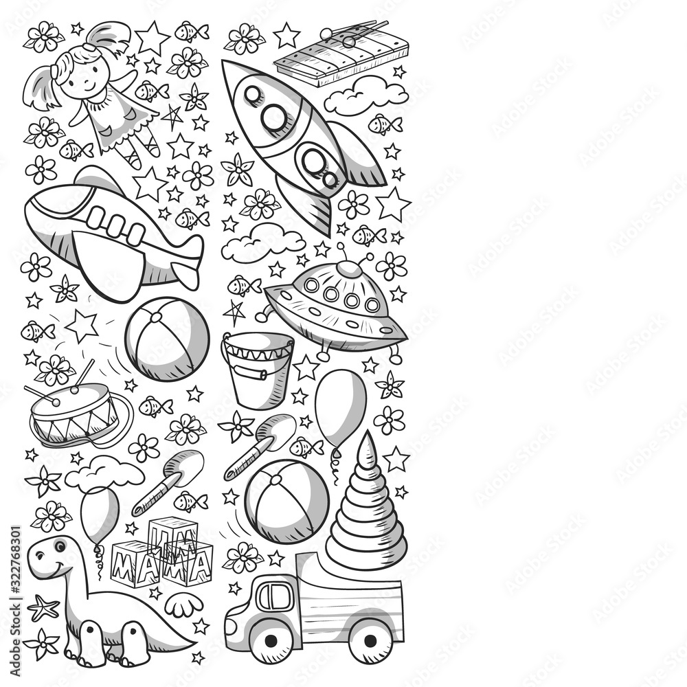 Obraz premium Vector pattern with toys for little kindergarten children. Dinosaur, teddy bear, rocket, ship, airplane, balloon, car, motorcycle, truck.