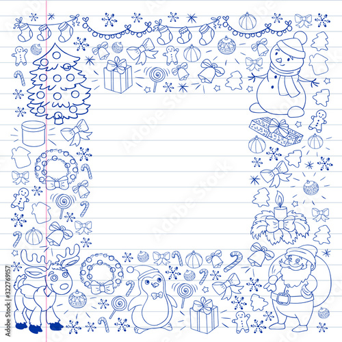 Merry Christmas and happy new year. Santa Claus  deer  snowman  penguin. Vector pattern.