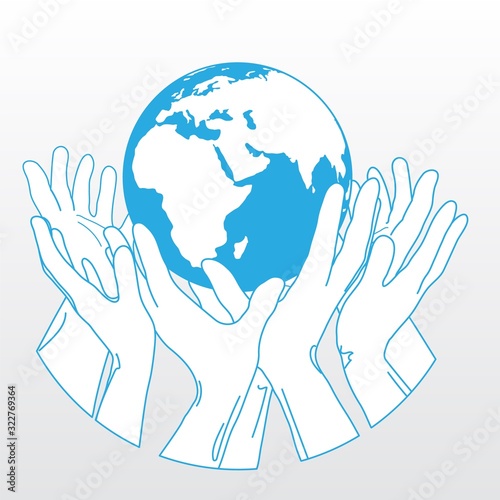 hands with earth, people of the world holding the globe, simple two-colored vector design for sticker, poster, etc